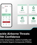 Smart Carbon Monoxide Detector And Indoor Air Quality Monitor With Real Time Alerts No Subscription Needed Plug In With Battery Backup 2 4 GHz Wi Fi Rotating Plug 85 dB Alarm IAQ Insights For Homes showing app interface with temperature, humidity, TVOC, and mold risk indicators.