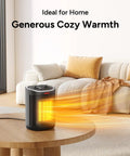 Portable 1500W Ceramic Space Heater With Thermostat in living room, placed on wooden table, emitting warm air towards sofa.