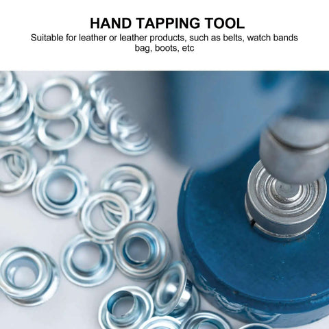 Close-up of 10mm Steel Eyelet Punch Tool and base kit with 100 silver eyelets for DIY leathercraft, showing grommet installation detail.