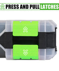 Close-up of green press and pull latches on Double Sided 34 Compartments Tool Organizer Box With Clear Lid Removable Dividers.