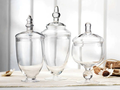 Set Of 3 Clear Glass Apothecary Jars With Lids For Candy Buffets And Home Decor Tall 10 Inch And Two 9 Inch Jars With 4.5 Inch Openings
