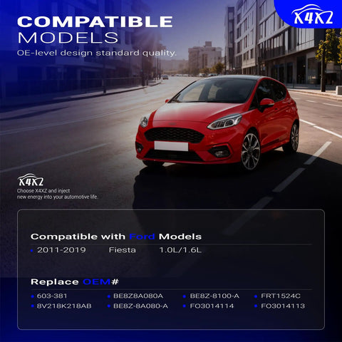 Aftermarket Coolant Reservoir Tank With Factory Style Cap For 2011 Through 2019 Ford Fiesta 1.0L And 1.6L image on a street with red car.
