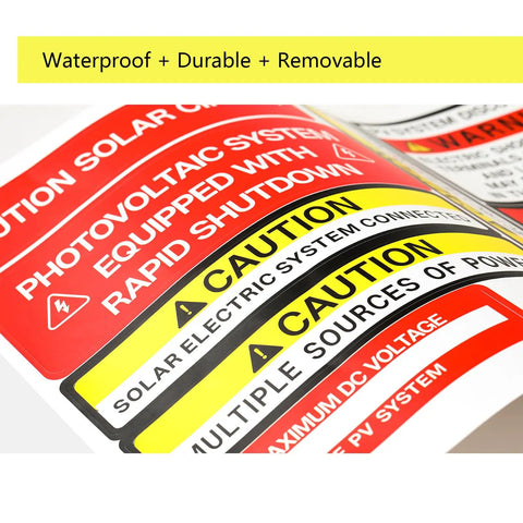Solar PV System Safety Label Kit With 48 Outdoor Vinyl Stickers For 2020 And 2017 National Code Compliance, close-up view.