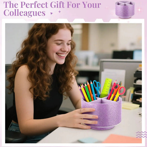 Woman holding 360 Degree Spin Glitter Pencil Holder In Purple PU Leather Four Compartment Desk Organizer Cup with stationery