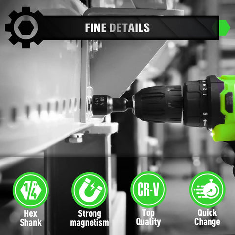 Close-up of a drill using All In One Magnetic Nut Driver Set With 65mm And 48mm Magnetic Drivers with 1/4 inch hex shank