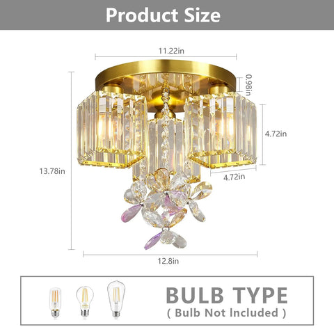 Gold Crystal 3 Light Semi Flush Mount Ceiling Light with dimensions and bulb type details