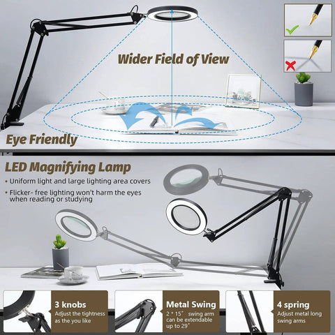 Pro Grade 10X 5 Inch Real Glass Magnifier With LED Light And Stand showing adjustable arm and wide field of view on desk