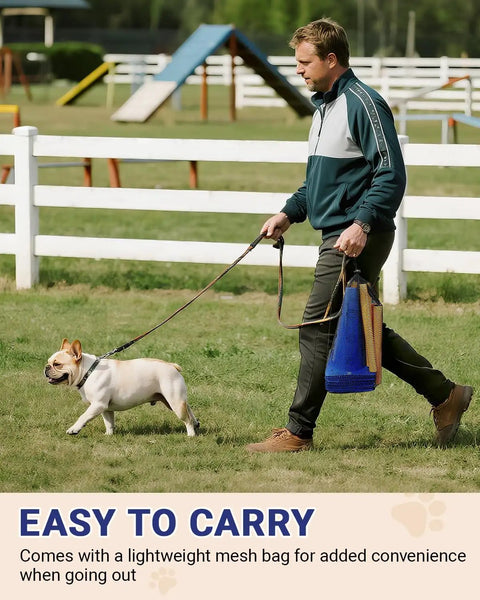 Person walking a dog with blue mesh bag on grass near dog agility course
