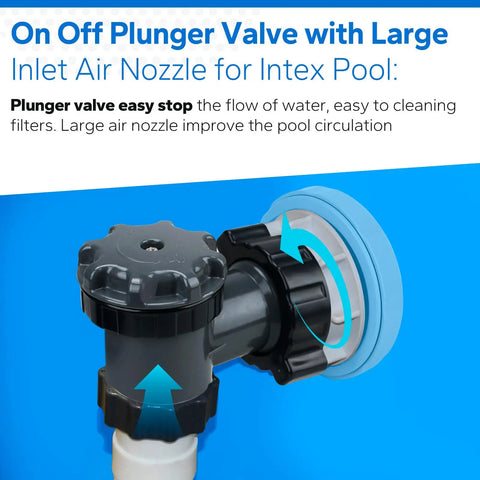 On off plunger valve with 12355 inlet air nozzle for above ground pools and pool pumps, showing strainer grid, smooth filtration