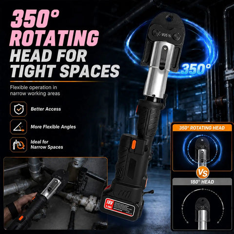 Rock Solid 18V Electric Pro Press Tool With Six Jaws And Massive 60KN Power for plumbing with a 350° rotating head for tight spaces.