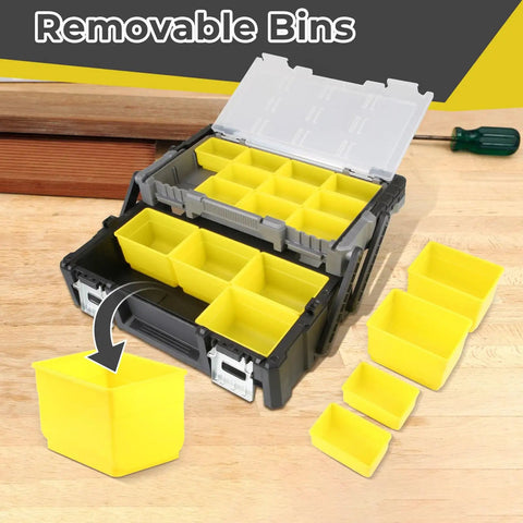18 Inch Cantilever Tool Box Organizer With Removable Trays Portable Plastic Case for hardware on wooden workbench