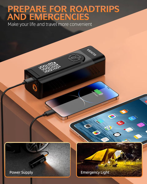 Portable Tire Inflator Air Compressor With Digital Pressure Gauge, 180 PSI on desk charging phone, emergency light shown