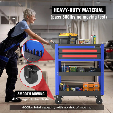 Mechanic using Beefed Up Heavy Duty 28 Inch 2 Drawer Rolling Tool Cart With Locking System And Large Rubber Wheels, blue steel utility cart for garage shop, 400 lb capacity