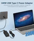 100W USB C Power Adapter Fast Charger For MacBook Pro Air 13 14 15 16 Inch And Other Laptops Like Lenovo Acer Dell Asus PD 3.0 Smart Sense Auto Adjustable Power Up To 96W 90W 67W 45W Universal USB C Charger plugged into laptop