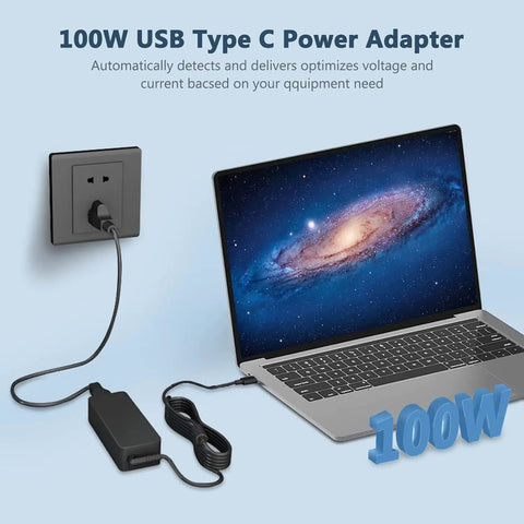 100W USB C Power Adapter Fast Charger For MacBook Pro Air 13 14 15 16 Inch And Other Laptops Like Lenovo Acer Dell Asus PD 3.0 Smart Sense Auto Adjustable Power Up To 96W 90W 67W 45W Universal USB C Charger plugged into laptop