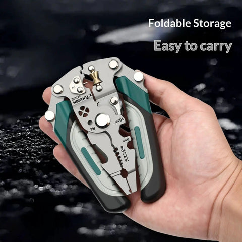 10-In-1 Wire Strippers And Automatic Self-Adjusting Wire Stripper Tool With Cutting Crimping Gripping And Twisting Functions For 8 To 16 AWG Electrical Wiring Pro Grade Heavy Duty Multi Tool Pliers For DIYers And Pros, foldable in hand