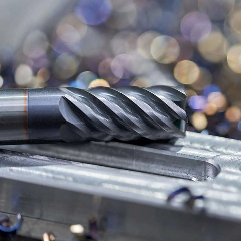 End mill cutter, close-up view; 3/8 in dia, 3/8 in shank, 4-flute HSS-AL milling tool