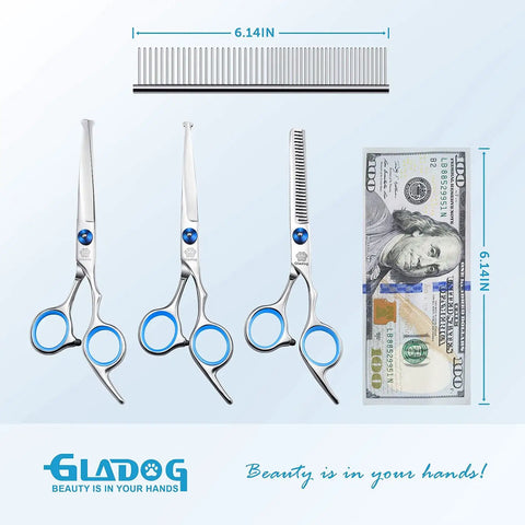 5 In 1 Dog Grooming Scissors Set With Safety Round Tips For Cats And Dogs, Heavy Duty Pet Grooming Shears, Includes 6.5 Inch Straight, Curved And Thinning Scissors, Comb, Cleaning Cloth, Leather Case; 6.14-inch comb