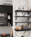 Rock Solid Heavy Duty Shelf Brackets 6 Pack Steel Wall Mount L Brackets 11.8 By 7.5 Inch 90 Degree Corner Blocks holding kitchen shelves.