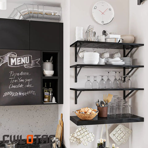 Rock Solid Heavy Duty Shelf Brackets 6 Pack Steel Wall Mount L Brackets 11.8 By 7.5 Inch 90 Degree Corner Blocks holding kitchen shelves.