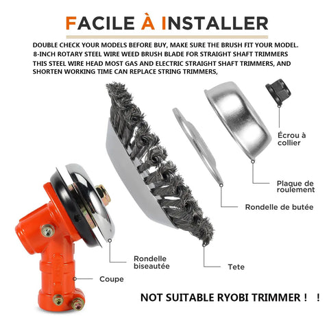 Exploded view of 8 Inch Unbreakable Wired Trimmer Blade For Weed Eater And Weed Whacker Steel Wire Cutter Head components.