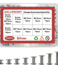 Top Shelf Nickel Plated Chicago Screws, 110 Piece Assorted Kit With 8 Smooth Round Flat Heads in a clear case.