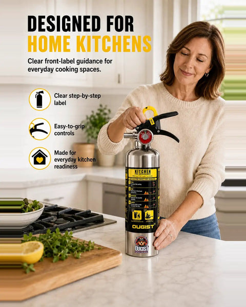 Class K Kitchen Fire Extinguisher Built For Fast Grease Cooking Flare Ups, two pack, 34 fl oz, easy-grip controls.