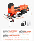 Badass 20V Brushless Cordless Jigsaw, Knockout 3500 SPM Variable Speed with battery pack and six blades on a white background.