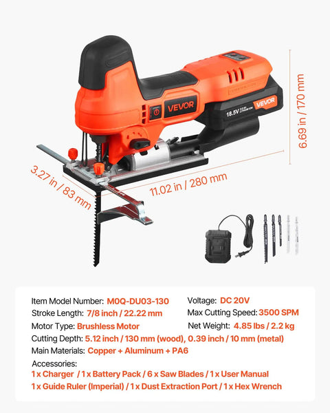 Badass 20V Brushless Cordless Jigsaw, Knockout 3500 SPM Variable Speed with battery pack and six blades on a white background.