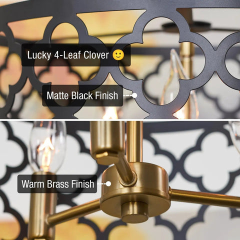 Close-up of Dope 16 Inch 3 Light Modern Semi Flush Mount Ceiling Light With Metal Drum Shade In Warm Brass And Black Finish