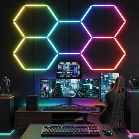 RGB Hexagon Ceiling Light Fixture 15 Pack With Dope Color Modes, bright colorful lights in modern gaming setup, app controlled.