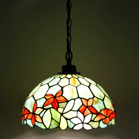 Tiffany Style Stained Glass Pendant Light Plug In Swag Lamp With 32 Inch Chain And 15 Foot Cord Red Green Floral Shade