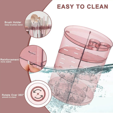Eight Height Adjustable Spinning Makeup Organizer With 360 Degree Spin, shown in pink, with brush holder and reinforcement features