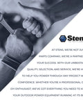 Hand holding a wrench and fist bumping, Stens logo, representing partnership and quality service in outdoor power equipment.