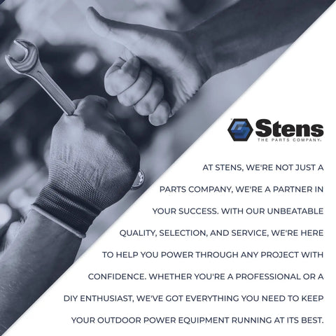 Hand holding a wrench and fist bumping, Stens logo, representing partnership and quality service in outdoor power equipment.