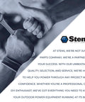 Hands with wrench and thumbs up, Stens logo with the text about quality service and outdoor power equipment confidence.