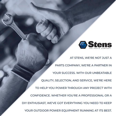 Hands with wrench and thumbs up, Stens logo with the text about quality service and outdoor power equipment confidence.