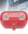 Heavy Duty Plug Lockout Box With Self Cylinder Design, Pro Grade PA And ABS Construction, safety warning on red background