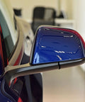 Fresh Blue Driver Side Mirror Lower Cover Trim For Tesla Model 3 Left Exterior Rearview Base Cap Aftermarket Auto Parts Dope Finish Tight Fit Smooth Ride Glow installed on vehicle.