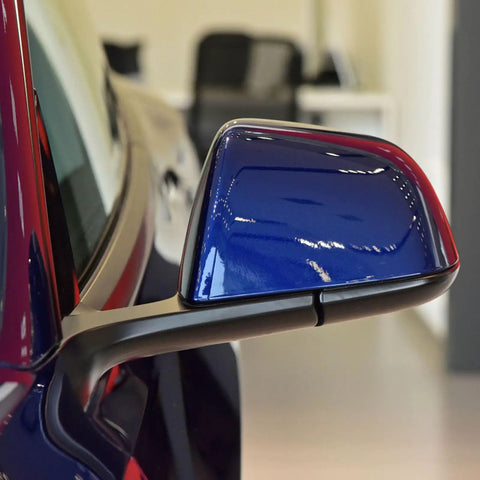 Fresh Blue Driver Side Mirror Lower Cover Trim For Tesla Model 3 Left Exterior Rearview Base Cap Aftermarket Auto Parts Dope Finish Tight Fit Smooth Ride Glow installed on vehicle.