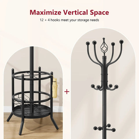 Coat Rack Stand With Umbrella Holder Freestanding 16 Hook Coat Tree with upper hooks and base umbrella stand, black finish