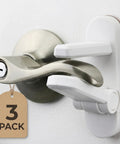 Close-up of 3 Pack Kidproof Toddler Door Lever Lock For Easy One Hand Operation on door, showing durable ABS with 3M adhesive.