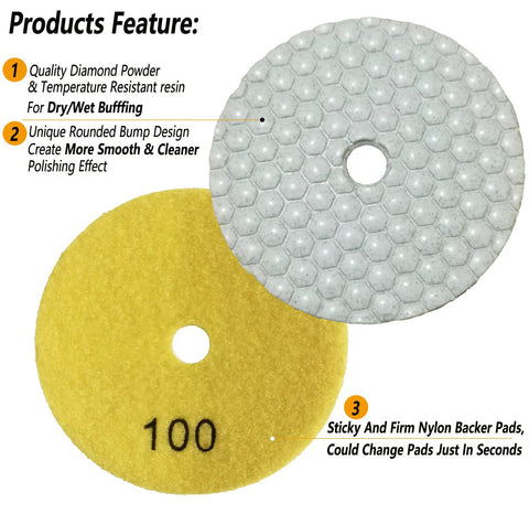 Close-up of 4 Inch Dry And Wet Diamond Polishing Pad Kit showing diamond powder and nylon backer pads for stone polishing.