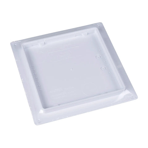 Eight By Eight Inch White Access Panel For Plumbing And Electrical Cables Slick Flush Or Surface Mount Design With Heavy Duty Abs Frame showing top view of the panel.