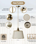 Cozy Linen Shade Pendant Light With Cream White Shade In Gold Cage, Adjustable Cord And Canopy, ETL Listed features overview.