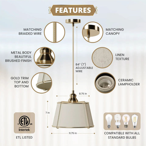 Cozy Linen Shade Pendant Light With Cream White Shade In Gold Cage, Adjustable Cord And Canopy, ETL Listed features overview.
