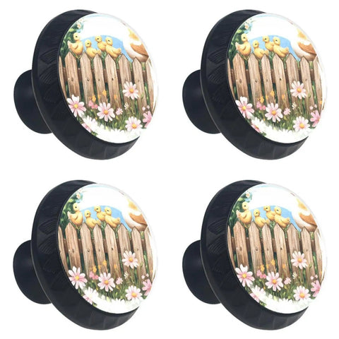 Four Pack Spring Flowers Chickens Fence Round Cabinet Knobs In Black For Dresser Drawers And Kitchen Cabinets