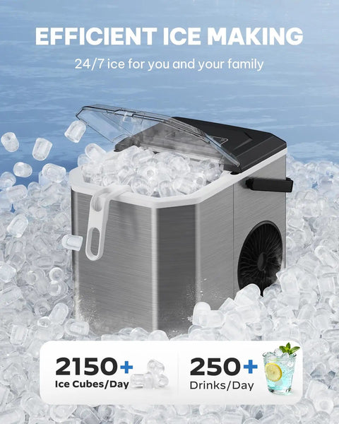 Sleek Countertop Ice Maker With Portable Stainless Steel Design And Easy Carry Handle amid ice cubes showing ultra quiet operation.