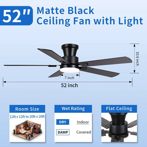 52 Inch Low Profile Ceiling Fan In Matte Black Rolls Silently On A Premium Dc Motor Featuring Easy Peasy App Remote Setup Six Chill Speed Choices Dimmable Led Ambiance And Reversible Blades with light and flat ceiling design.