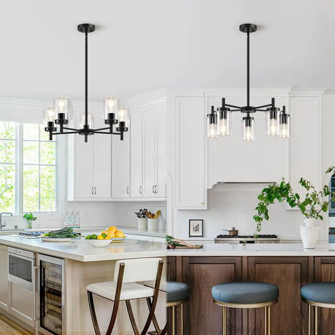 4 Light Black Dining Room Chandelier With Glass Shades in kitchen, farmhouse contemporary modern pendant ceiling light, sturdy metal rods, clear glass.